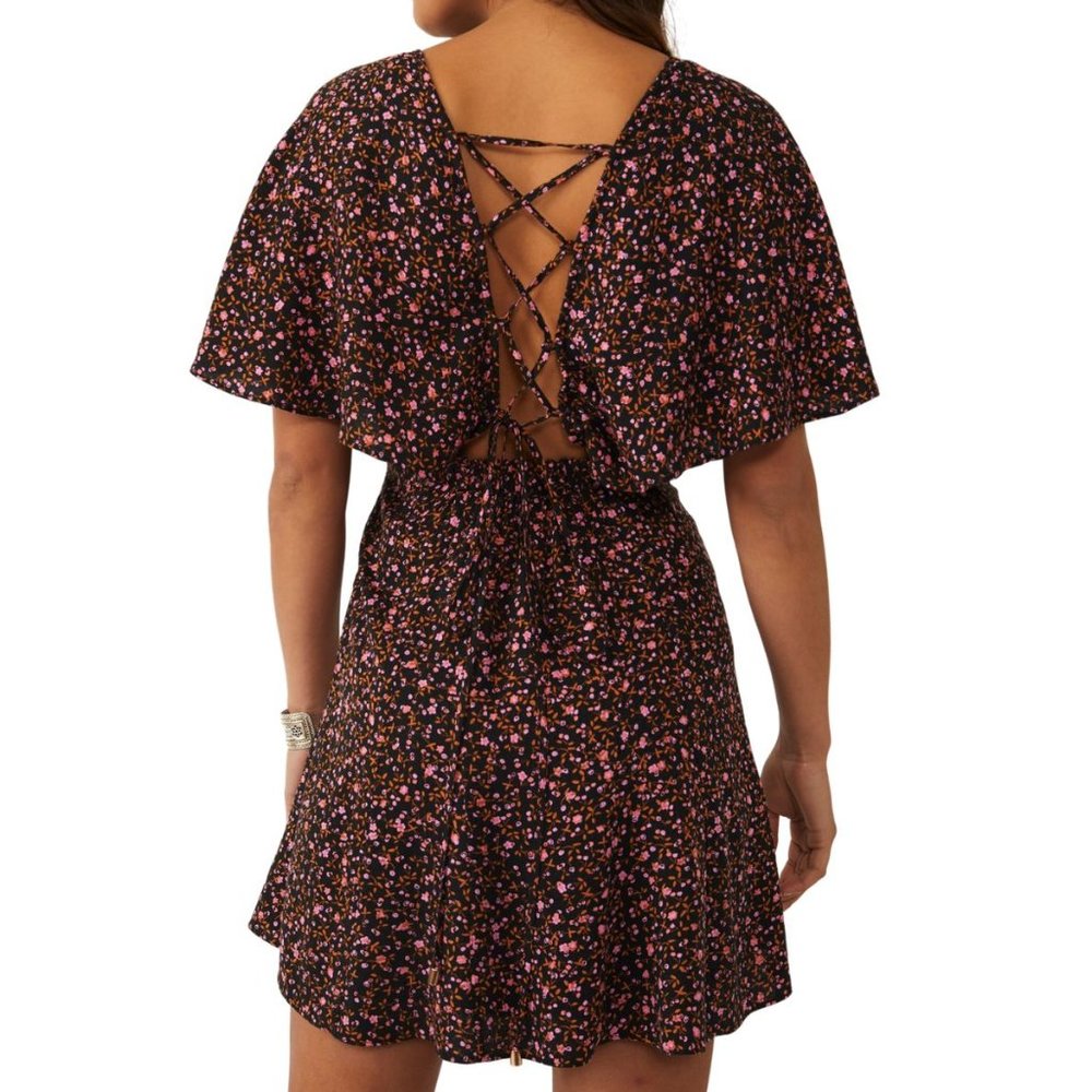 NEW Free People Florence Mini Dress Floral Lace Up Smocked Evening Combo Black - Picture 5 of 12